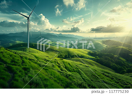 Wind power plant and technology. Smart grid. Renewable energy. Sustainable resources 117775230