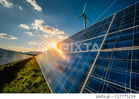 Wind power plant and technology. Smart grid. Renewable energy. Sustainable resources 117775234