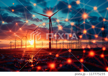 Wind power plant and technology. Smart grid. Renewable energy. Sustainable resources 117775235