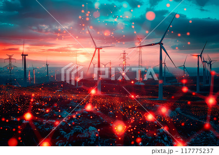 Wind power plant and technology. Smart grid. Renewable energy. Sustainable resources 117775237