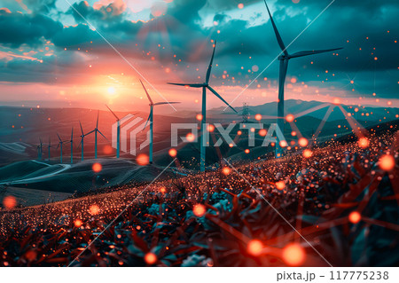Wind power plant and technology. Smart grid. Renewable energy. Sustainable resources 117775238