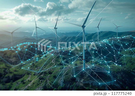 Wind power plant and technology. Smart grid. Renewable energy. Sustainable resources 117775240
