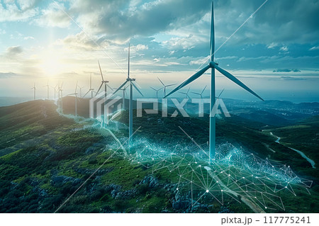 Wind power plant and technology. Smart grid. Renewable energy. Sustainable resources 117775241