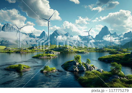 Wind power plant and technology. Smart grid. Renewable energy. Sustainable resources 117775279