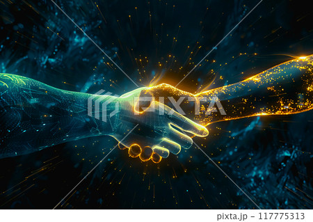 Powerful handshake, background business digital format in abstract technology of the future. 117775313