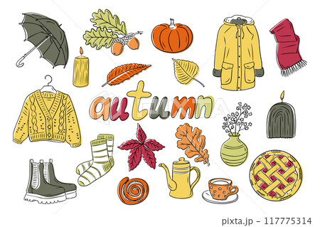 Cozy autumn items in colored outline doodle style 117775314