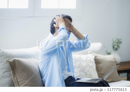 リビングでノートパソコンを使うミドル男性　 117775813