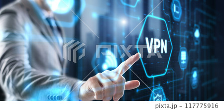 Businessman presses a button VPN. Network security internet privacy encryption concept 117775916