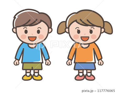 笑顔で楽しそうな男の子と女の子の全身イラスト（小学生、幼児、子供） 117776065