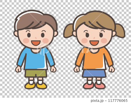 笑顔で楽しそうな男の子と女の子の全身イラスト（小学生、幼児、子供） 117776065