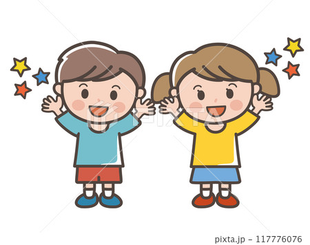 バンザイをして喜ぶ男の子と女の子の全身イラスト（小学生、幼児、子供） 117776076