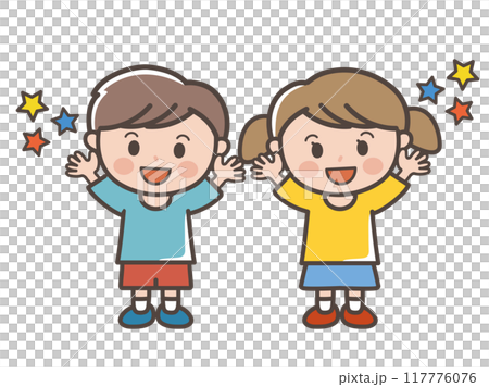 バンザイをして喜ぶ男の子と女の子の全身イラスト（小学生、幼児、子供） 117776076