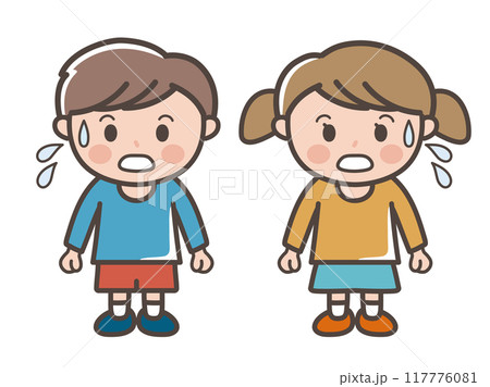 焦って冷や汗をかく男の子と女の子の全身イラスト(小学生、幼児、子供) 焦って冷や汗をかく男の子と女の子の全身イラスト(小学生、幼児、子供) 117776081