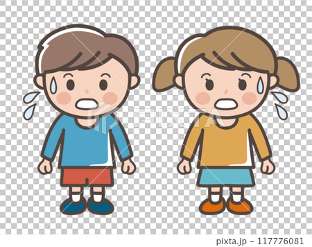 焦って冷や汗をかく男の子と女の子の全身イラスト(小学生、幼児、子供) 焦って冷や汗をかく男の子と女の子の全身イラスト(小学生、幼児、子供) 117776081