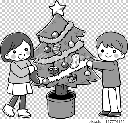 Illustration of children decorating a Christmas tree (monochrome) Illustration of children decorating a Christmas tree (monochrome) 117776152