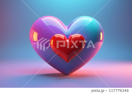 Digital artwork of a glossy, 3D heart shape with a vibrant gradient of purple, blue, and pink, encasing a solid red inner heart, against a soft blue-pink gradient background in a modern aesthetic. 117776348