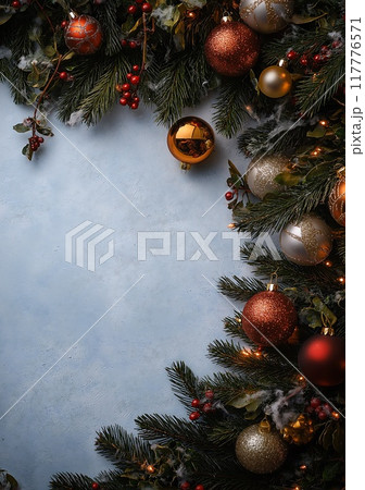 Christmas flatlay with fir branches and toys 117776571
