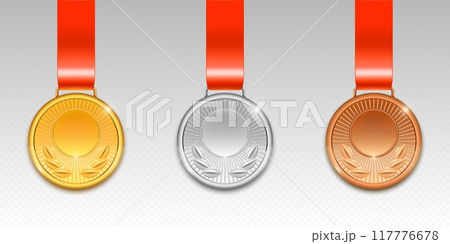 3d gold, silver and bronze medal on red ribbon. 117776678