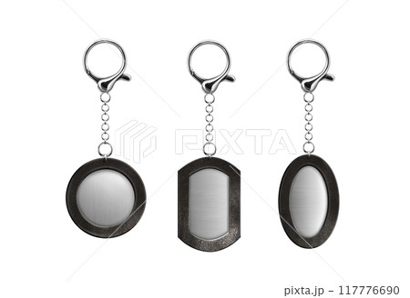 Keychain mockup with silver and leather pendant. 117776690