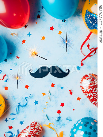 flat lay with ribbon balloons, celebration flat lay with ribbon balloons, celebration 117776786