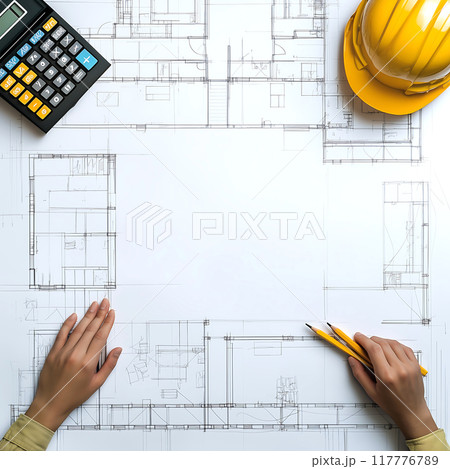 Flatlay. Apartment layout, mortgage calculation, architectural design 117776789