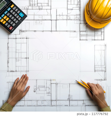 Flatlay. Apartment layout, mortgage calculation, architectural design 117776792