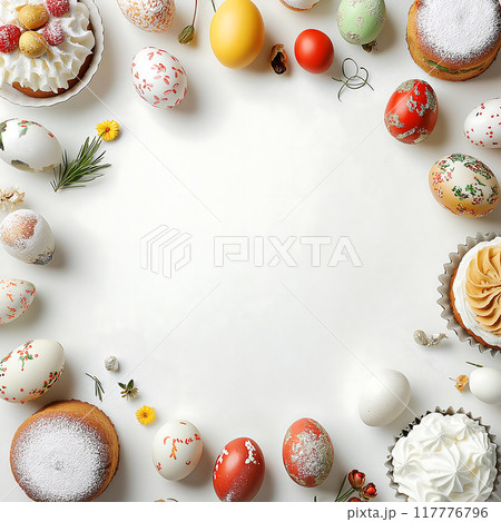Flatlay easter treats and dishes 117776796