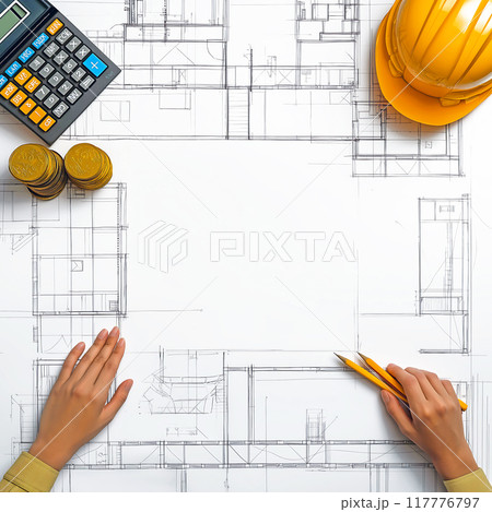 Flatlay. Apartment layout, mortgage calculation, architectural design 117776797