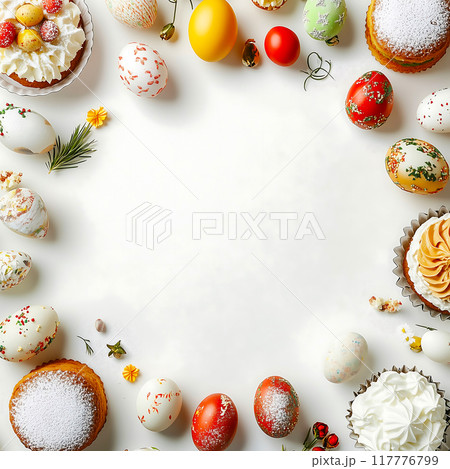 Flatlay easter treats and dishes 117776799
