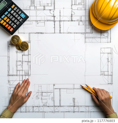 Flatlay. Apartment layout, mortgage calculation, architectural design 117776803