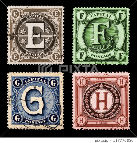 Vintage postal stamp alphabet with capital letters and digits - letter E-H 117776850