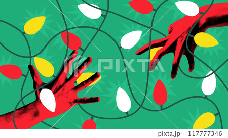 Poster. Contemporary art collage. Two hands entangled in string of festive lights, red and yellow bulbs glowing against green backdrop. Greeting card. 117777346