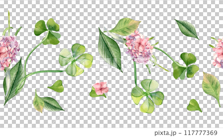 Seamless border with clover leaves and pink flowers watercolor illustration isolated. Painted lucky four leaves. Hand drawn shamrock, hydrangea. Design element for Happy Easter, textile, web banner. Seamless border with clover leaves and pink flowers watercolor illustration isolated. Painted lucky four leaves. Hand drawn shamrock, hydrangea. Design element for Happy Easter, textile, web banner. 117777369