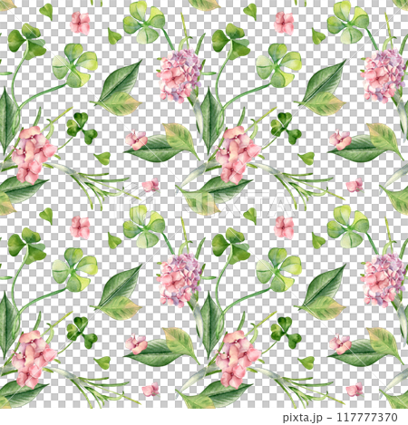 Pink hydrangea, clover and leaves watercolor on repeat background isolated. Floral seamless pattern with spring flowers and herbs painted. Botanical art design for home textile, Happy Easter. Pink hydrangea, clover and leaves watercolor on repeat background isolated. Floral seamless pattern with spring flowers and herbs painted. Botanical art design for home textile, Happy Easter. 117777370