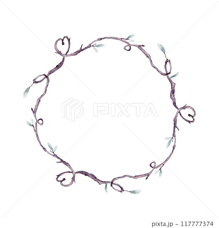 Romantic circle frame of shaped heart by twig in watercolor painted isolated. Delicate branch with simple green leaves on wreath hand drawn. Elements for natural designs, Valentine, rustic wedding. Romantic circle frame of shaped heart by twig in watercolor painted isolated. Delicate branch with simple green leaves on wreath hand drawn. Elements for natural designs, Valentine, rustic wedding. 117777374