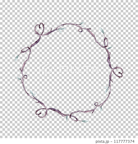 Romantic circle frame of shaped heart by twig in watercolor painted isolated. Delicate branch with simple green leaves on wreath hand drawn. Elements for natural designs, Valentine, rustic wedding. Romantic circle frame of shaped heart by twig in watercolor painted isolated. Delicate branch with simple green leaves on wreath hand drawn. Elements for natural designs, Valentine, rustic wedding. 117777374