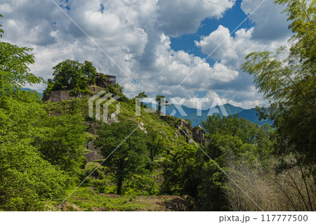 日本 岐阜県中津川市にある岩山の上に建つ苗木城の天守展望台 日本 岐阜県中津川市にある岩山の上に建つ苗木城の天守展望台 117777500