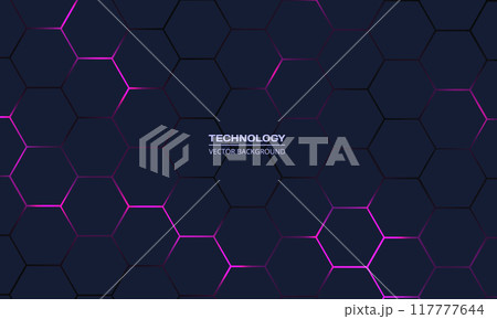 Dark hexagon abstract technology background with pink and purple colored bright flashes Dark hexagon abstract technology background with pink and purple colored bright flashes 117777644