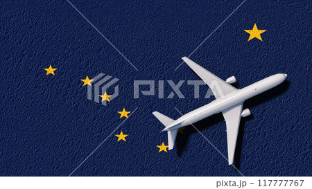 Alaska State Flag And Airplane Fly. Flight And Travel 3D Illustration Alaska State Flag And Airplane Fly. Flight And Travel 3D Illustration 117777767