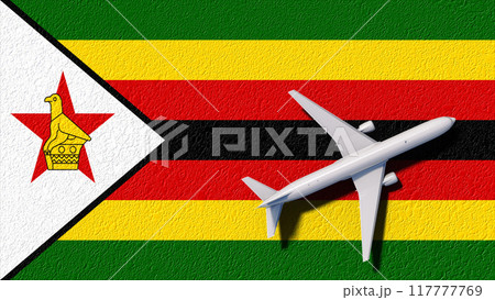 Zimbabwe National Flag And Airplane Fly. Aircraft Flies To Country. Flight And Travel 3D Illustration 117777769