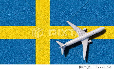 Sweden National Flag And Airplane Fly. Aircraft Flies To Country. Flight And Travel 3D Illustration 117777808