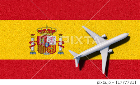 Spain National Flag And Airplane Fly. Aircraft Flies To Country. Flight And Travel 3D Illustration 117777811