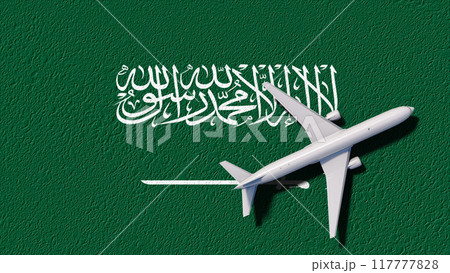 Saudi Arabia National Flag And Airplane Fly. Aircraft Flies To Country. Flight And Travel 3D Illustration Saudi Arabia National Flag And Airplane Fly. Aircraft Flies To Country. Flight And Travel 3D Illustration 117777828