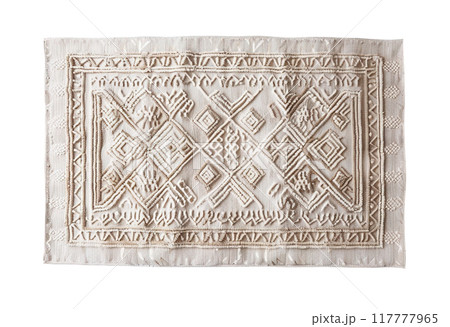 Modern, beige, handwoven rectangular carpet, top view. Rug isolated on white background. Cut out home decor. Scandinavian, boho style. High angle view. Generative AI. 117777965