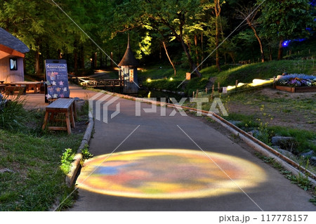 あけぼの子どもの森公園、夜のライトアップが始まり、わんぱく池手前の通路にカラフルなスポット照明が点く あけぼの子どもの森公園、夜のライトアップが始まり、わんぱく池手前の通路にカラフルなスポット照明が点く 117778157