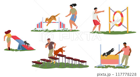 Dog Training And Agility Activities. Featuring People Characters Training Their Dogs Through Different Obstacle Courses 117778228