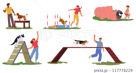 People Training Their Dogs On An Outdoor Agility Course. Vector Image Shows Activities Such As Jumping, Balance Beam 117778229