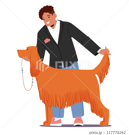 Man Happily Presenting A Well-groomed Dog At A Dog Show. Male Character Holding The Dog Tail, Showcasing Its Posture Man Happily Presenting A Well-groomed Dog At A Dog Show. Male Character Holding The Dog Tail, Showcasing Its Posture 117778262