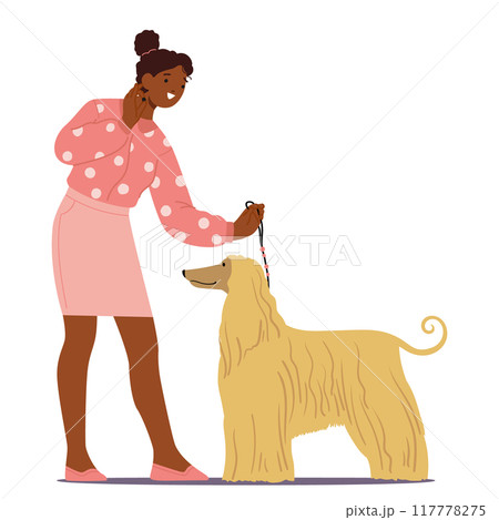 Woman Presenting A Dog At A Pet Exhibition. Female Character Holding The Dog Leash, Demonstrating Care And Teamwork Woman Presenting A Dog At A Pet Exhibition. Female Character Holding The Dog Leash, Demonstrating Care And Teamwork 117778275