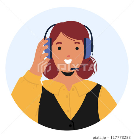 Customer Service Representative Character Wearing A Headset And Smiling, Ready To Assist Callers, Vector Illustration 117778288